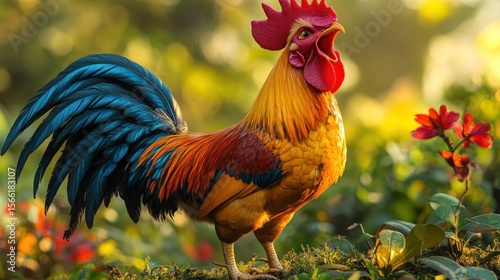 Colorful rooster crowing in a garden setting.