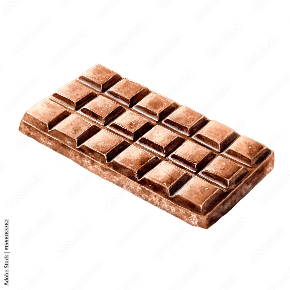 Chocolate bar, a watercolor illustration, capturing the rich color of sweet cocoa bars with detailed block divisions in realistic artistic flavor. transparent background. Chocolate bar, a watercolor illustration, capturing the rich color of sweet cocoa bars with detailed block divisions in realistic artistic flavor. transparent background.