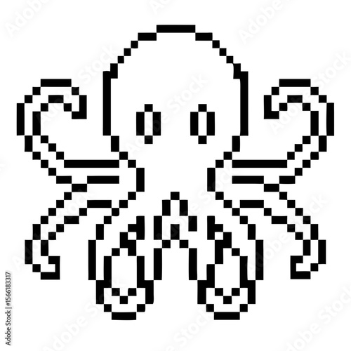 Pixel black outline octopus with distinct features and limbs