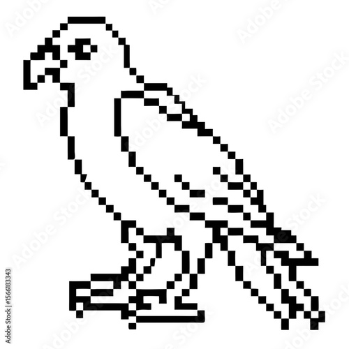 Black pixel outline goshawk, bird perched with a sharp gaze