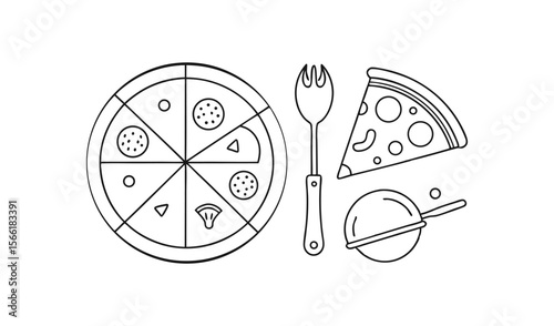 Simple outline illustration of a whole pizza a slice of pizza a pizza server and a pizza cutter on a white background