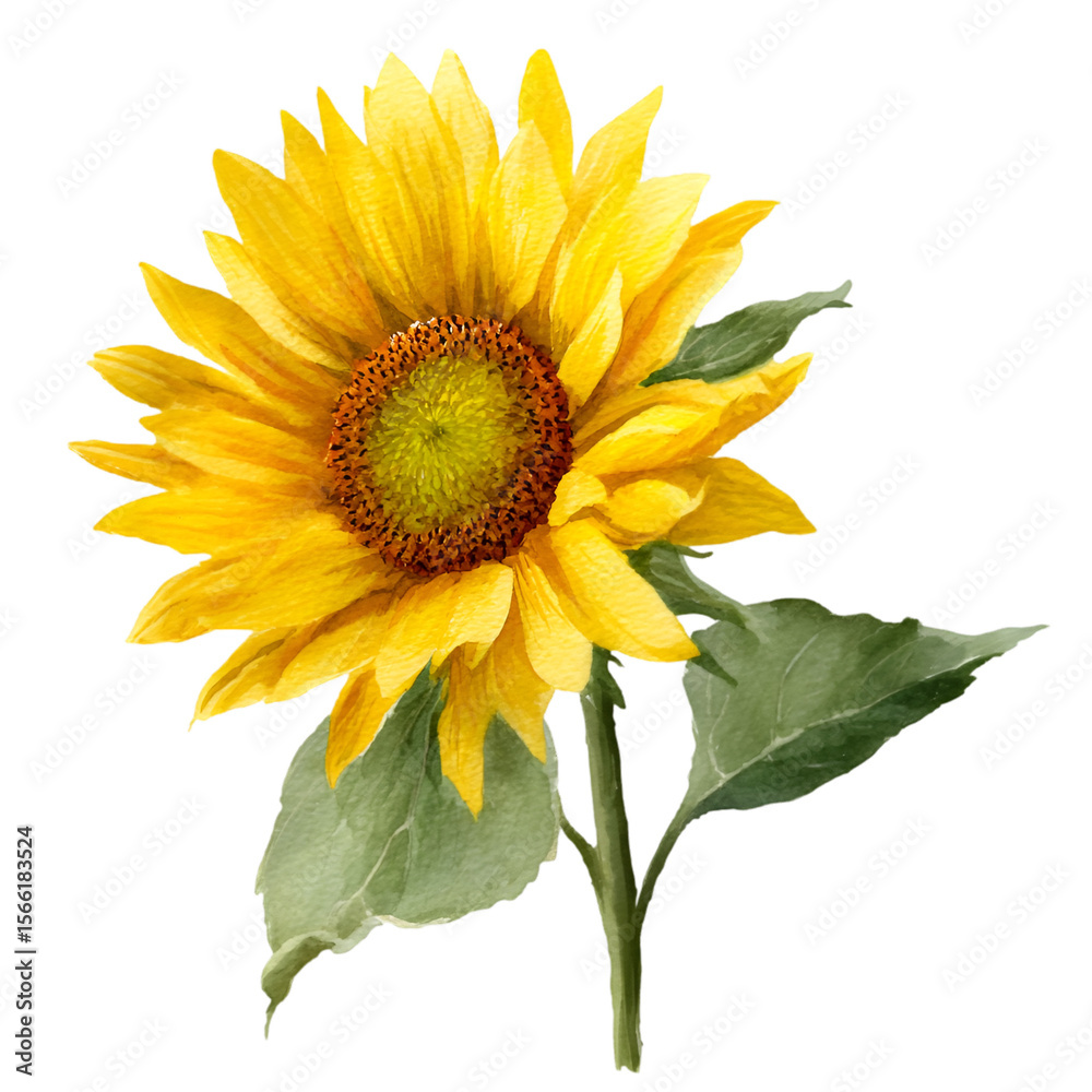 Fototapeta premium Watercolor Sunflower Bloom: A vibrant watercolor painting capturing the radiant beauty of a sunflower in full bloom, showcasing its golden petals and intricate textures. transparent background.