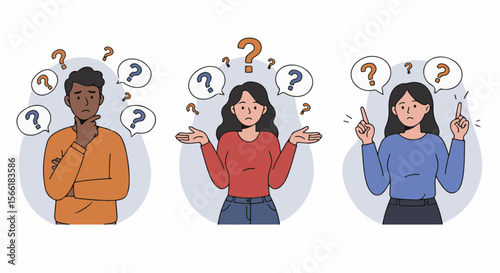 Diverse People Pondering: Confusion, Questions, and Uncertainty. Illustration of three diverse people pondering,surrounded by question marks, symbolizing confusion, decision-making,and seeking answers