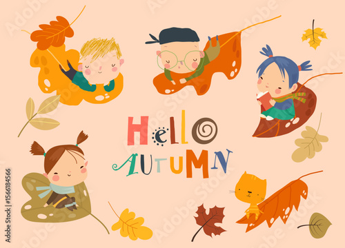 Cute Cartoon Boys and Girls flying on Autumn Leaves