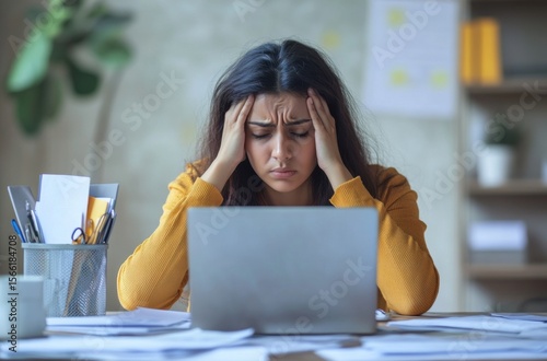 A realistic, emotional photo of a 25-year-old Indian woman struggling with stress, sitting in a minimalist pastel office