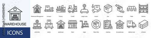 Warehouse icon collection set. Containing Warehouse Management, conveyor, Factory, Forklift, weight scale, receive, box icon