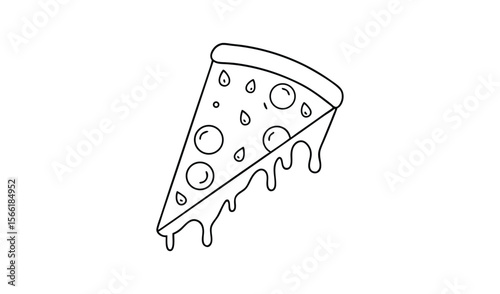 A simple black and white line drawing of a slice of pizza with dripping cheese and toppings
