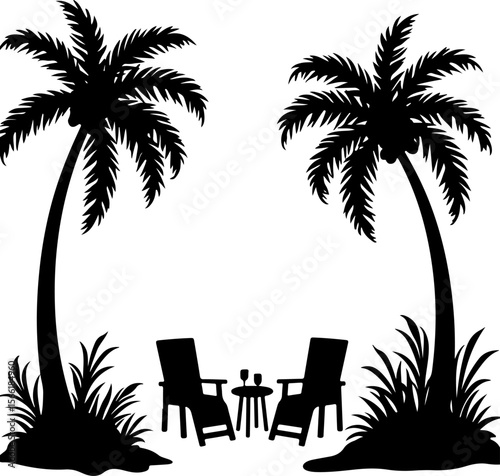 Beach view silhouettes of palm trees and palms, palm, tree, beach, tropical, summer, vector, island, sun, silhouette, sunset, sea, nature, illustration, landscape, travel, sky, coconut, holiday, parad