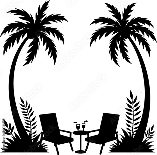 Beach view silhouettes of palm trees and palms, palm, tree, beach, tropical, summer, vector, island, sun, silhouette, sunset, sea, nature, illustration, landscape, travel, sky, coconut, holiday, parad