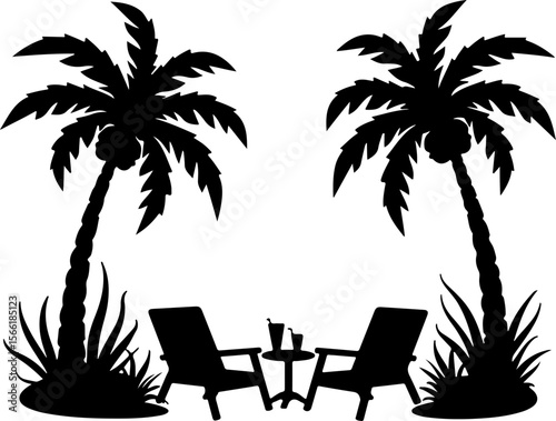 Beach view silhouettes of palm trees and palms, palm, tree, beach, tropical, summer, vector, island, sun, silhouette, sunset, sea, nature, illustration, landscape, travel, sky, coconut, holiday, parad