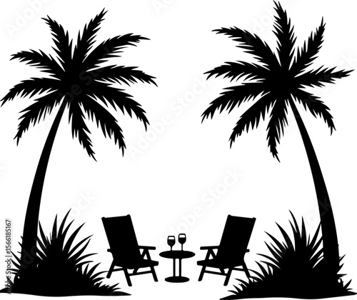 Beach view silhouettes of palm trees and palms, palm, tree, beach, tropical, summer, vector, island, sun, silhouette, sunset, sea, nature, illustration, landscape, travel, sky, coconut, holiday, parad