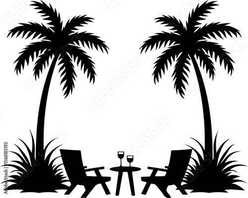 Beach view silhouettes of palm trees and palms, palm, tree, beach, tropical, summer, vector, island, sun, silhouette, sunset, sea, nature, illustration, landscape, travel, sky, coconut, holiday, parad