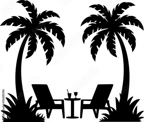 Beach view silhouettes of palm trees and palms, palm, tree, beach, tropical, summer, vector, island, sun, silhouette, sunset, sea, nature, illustration, landscape, travel, sky, coconut, holiday, parad