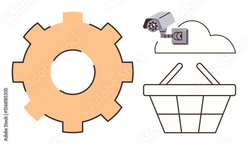 Gear, shopping basket, surveillance camera, and cloud icon. Ideal for technology, automation, security, e-commerce cloud computing data storage and innovation concepts. Minimalist flat metaphor