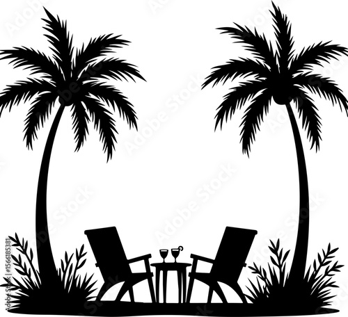 Beach view silhouettes of palm trees and palms, palm, tree, beach, tropical, summer, vector, island, sun, silhouette, sunset, sea, nature, illustration, landscape, travel, sky, coconut, holiday, parad