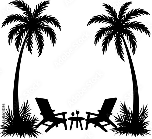 Beach view silhouettes of palm trees and palms, palm, tree, beach, tropical, summer, vector, island, sun, silhouette, sunset, sea, nature, illustration, landscape, travel, sky, coconut, holiday, parad