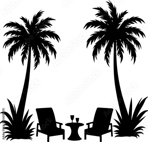 Beach view silhouettes of palm trees and palms, palm, tree, beach, tropical, summer, vector, island, sun, silhouette, sunset, sea, nature, illustration, landscape, travel, sky, coconut, holiday, parad