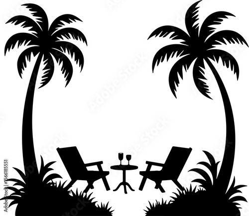 Beach view silhouettes of palm trees and palms, palm, tree, beach, tropical, summer, vector, island, sun, silhouette, sunset, sea, nature, illustration, landscape, travel, sky, coconut, holiday, parad