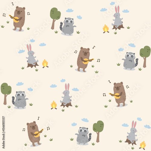 cute seamless pattern of camp animals in the nature with bright cream background.
