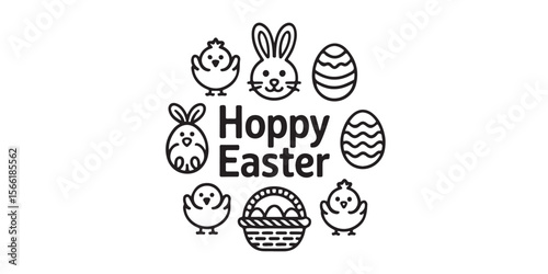 A black and white drawing of easter themed elements with the words hoppy easter in the center