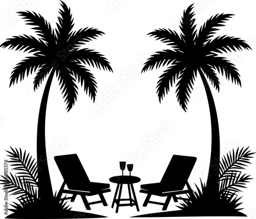 Beach view silhouettes of palm trees and palms, palm, tree, beach, tropical, summer, vector, island, sun, silhouette, sunset, sea, nature, illustration, landscape, travel, sky, coconut, holiday, parad