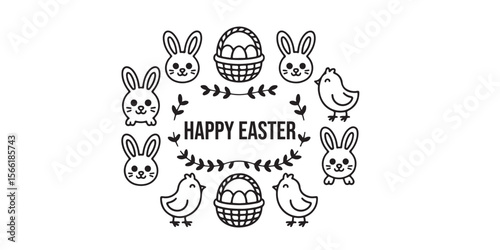 Happy easter illustration featuring bunnies chicks and easter basket in a circular arrangement