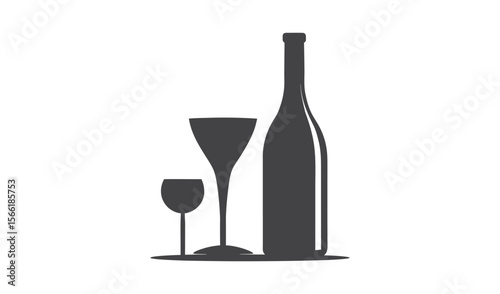 Elegant silhouette of wine bottle and two glasses on white background