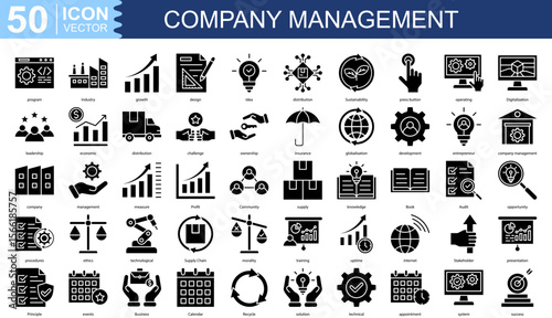 Company management icon collection set. Containing program, Industry, growth, design, Idea, distribution icon