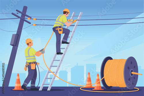 Electricians Installing Electrical Cables Power Line Workers on Ladder