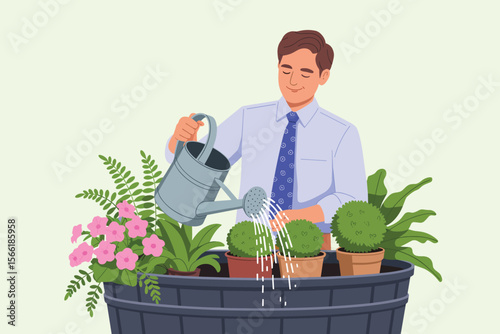 Man Watering Plants in Modern Flat Vector Illustration