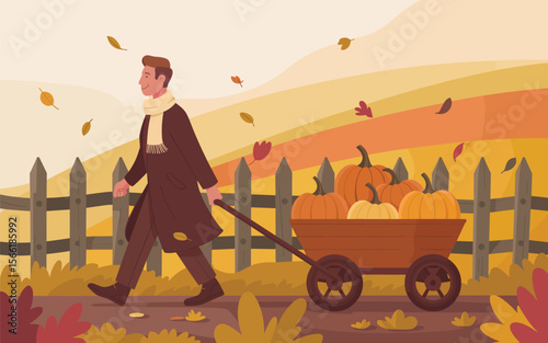 Autumn Harvest Man Pulling a Cart of Pumpkins Across a Scenic Fall Landscape