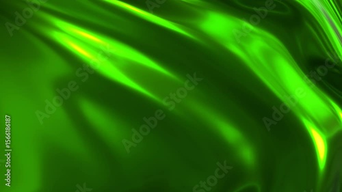 Green chrome 3d abstract graphics background animation, silk moving waves on wind shiny and glossy metallic seamless 4K loop video animation, metal texture design.