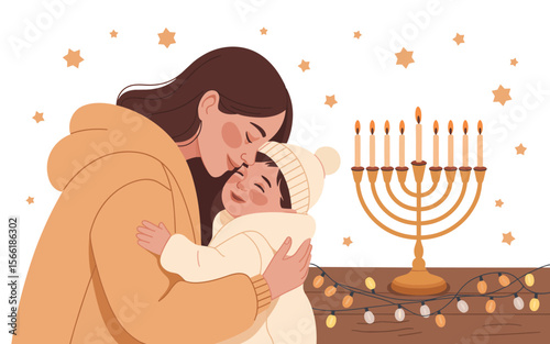 Tender Mother and Baby Celebrating Hanukkah A Cozy Vector Illustration