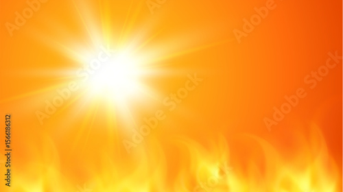 Sunny background, orange sun with fire flames and lens flare, hot weather concept, hot summer background illustration.