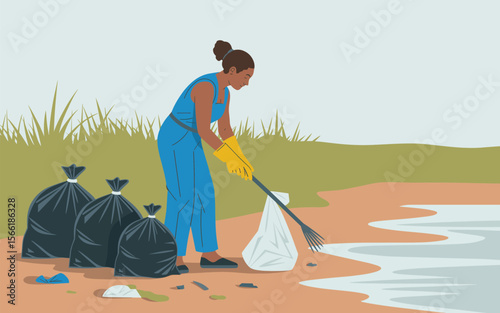 Woman Cleaning Beach Pollution Environmental Cleanup Illustration