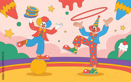 Playful Circus Clown Illustration Vector Art of Joyful Clowns Performing