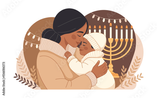 Tender Mother and Baby Celebrating Hanukkah A Cozy Vector Illustration