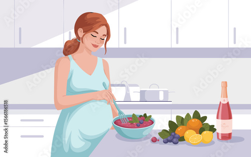 Pregnant Woman Preparing Healthy Fruit Salad in Kitchen