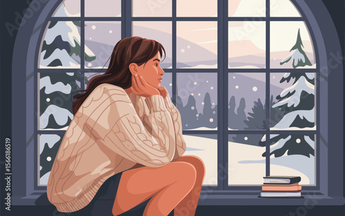 Woman Gazing Out Snowy Window Winter Day Cozy Illustration