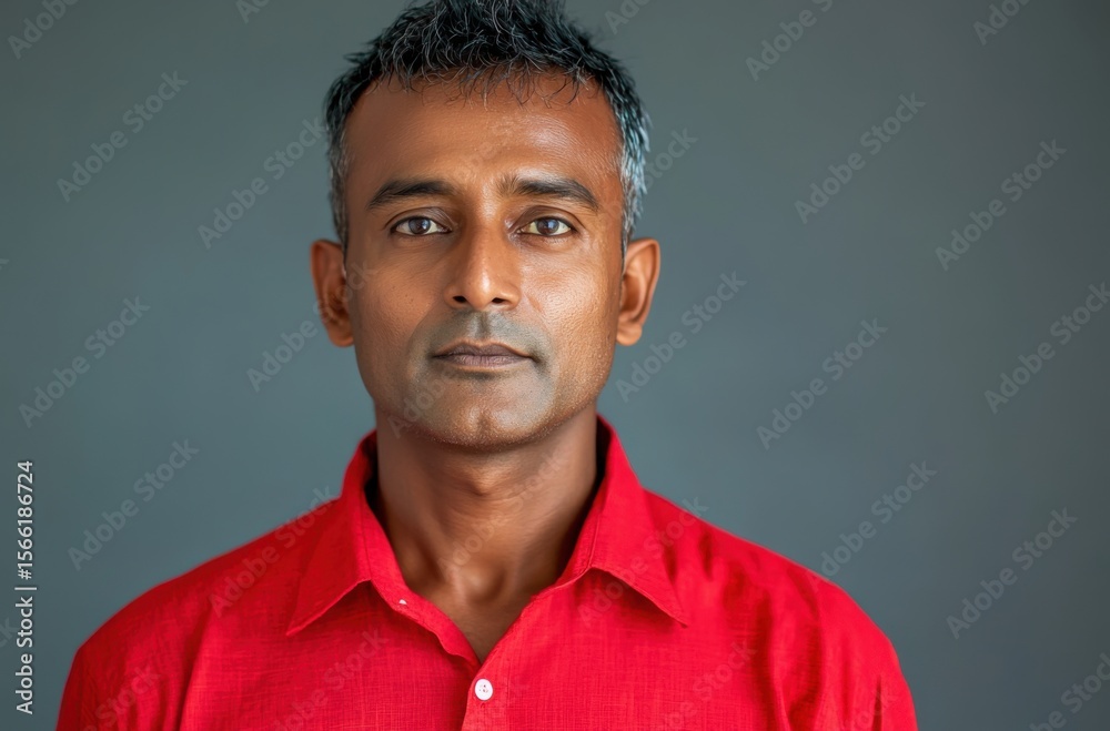 Obraz premium Close-up portrait of a handsome short-haired Indian man in a vibrant red shirt