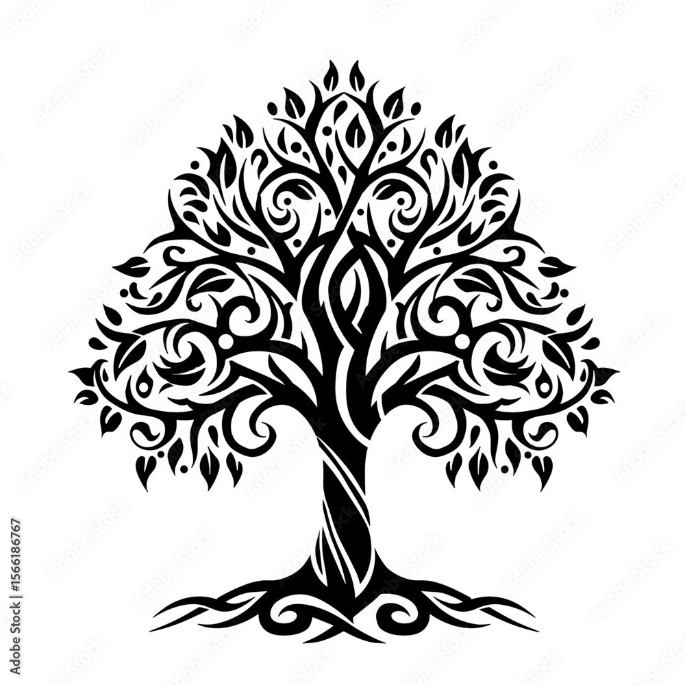 Obraz premium Tribal tree illustration in bold black lines, symmetrical design, sharp flowing patterns on white background