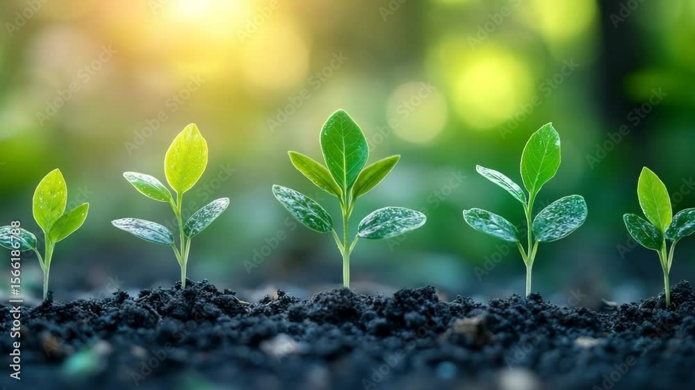 Young green plant seedlings sprout in fertile soil under sunlight, symbolizing fresh growth, natures cycle, and healthy development of young plants in vibrant green environment