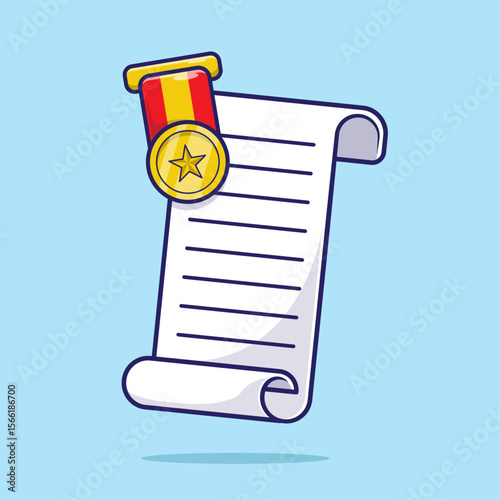 Golden Medal and Reward Certificate icon or symbol illustration cartoon vector isolated with cute and simple design concept
