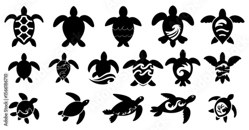 Sea turtle silhouettes with tribal patterns and wave designs set