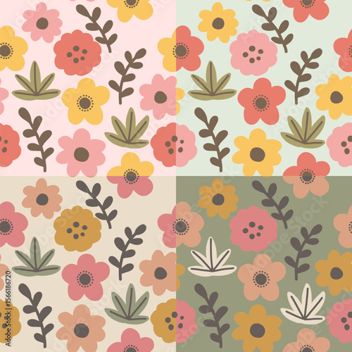 earth tone seamless pattern of flowers and leaves with baby pink, light brown, sage and olive color background.