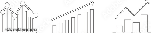 Growth bar line art icon set. Vector logo of an increasing chart. Business statistics and data analysis symbol. Represents business growth, profit increase with upward arrow and bar chart elements.