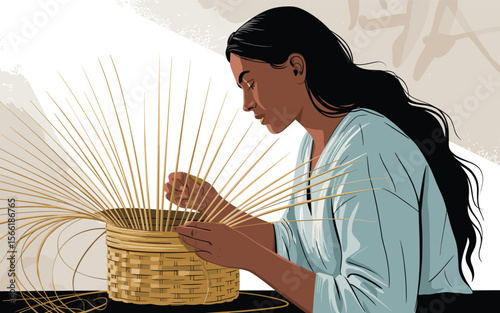 Woman Weaving a Basket A Stylized Illustration of Traditional Craft