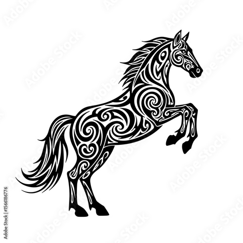 Bold tribal design of horse with sharp flowing lines and intricate patterns, solid black on white background, symmetrical composition
