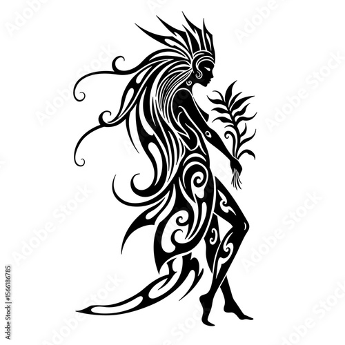 Bold tribal design of woman with plant featuring sharp flowing lines and intricate patterns, solid black on white background, symmetrical composition
