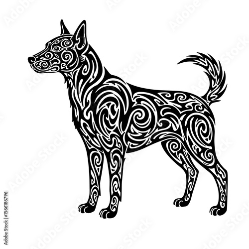 Tribal design of dog in bold black, intricate symmetrical patterns with flowing lines on white background